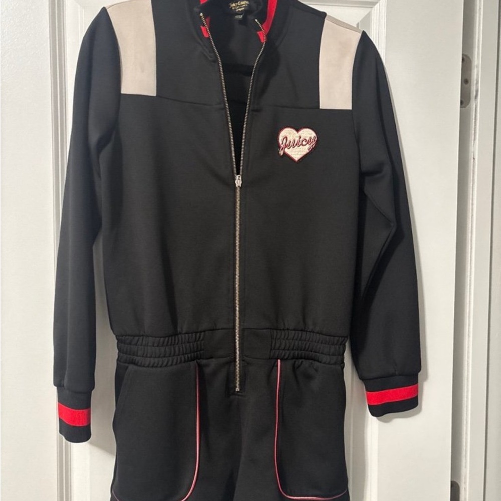 Juicy Couture Black Jumpsuit with Cream Shoulder Panels and Red Trim
